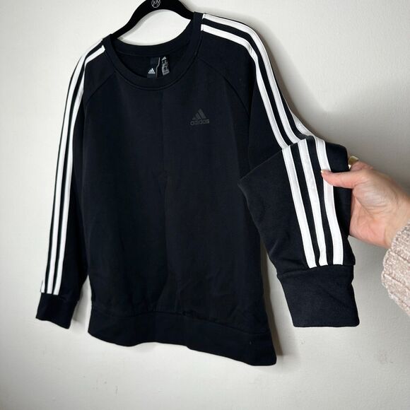 RARE Adidas Black 3-Stripe Fleece Crew Neck Long Sleeve Sweater Rib Cuffs Medium - Picture 5 of 13